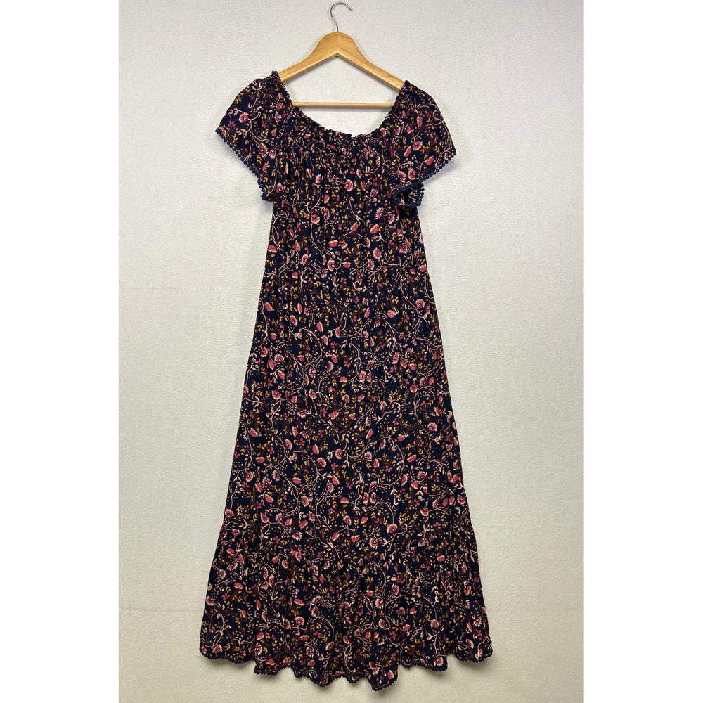 Boho Cottagecore Old Navy Womens Large Navy Floral Smocked Tiered Maxi Dress